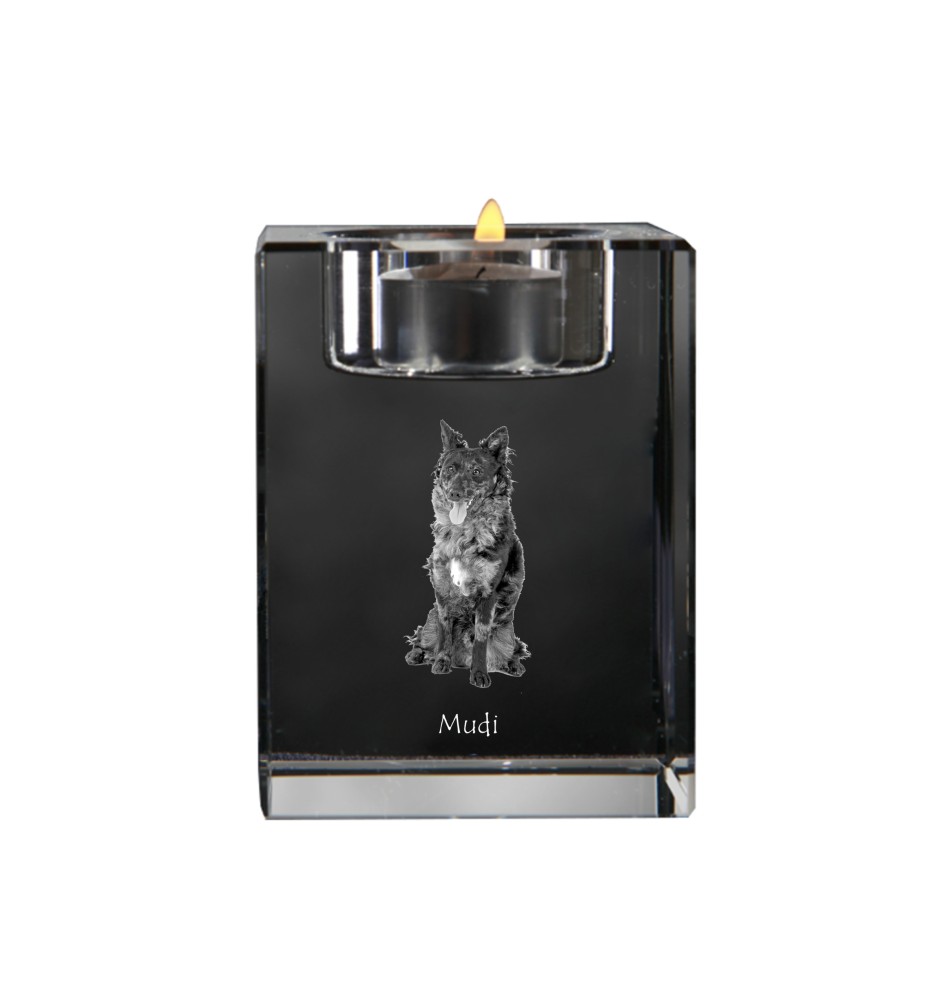 Mudi - Candle holder with dog photo, crystal tealight holder, personalised gift by Art-Dog brand