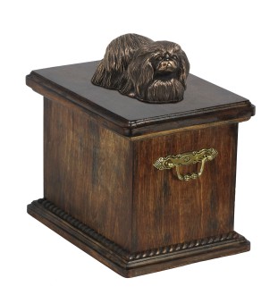 Pekingese, Pekinese, Peking-Palasthund eine Urne für die Asche des Hundes, eine Urne mit einer Statue, eine elegante Urne im klassischen Stil der Marke Art-Dog