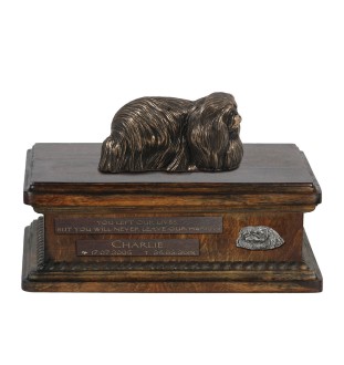 Pekingese, Pekinese, Peking-Palasthund urne in Hundeasche, personalisierte Urne mit Statue, Holzurne mit Hund von Art-Dog