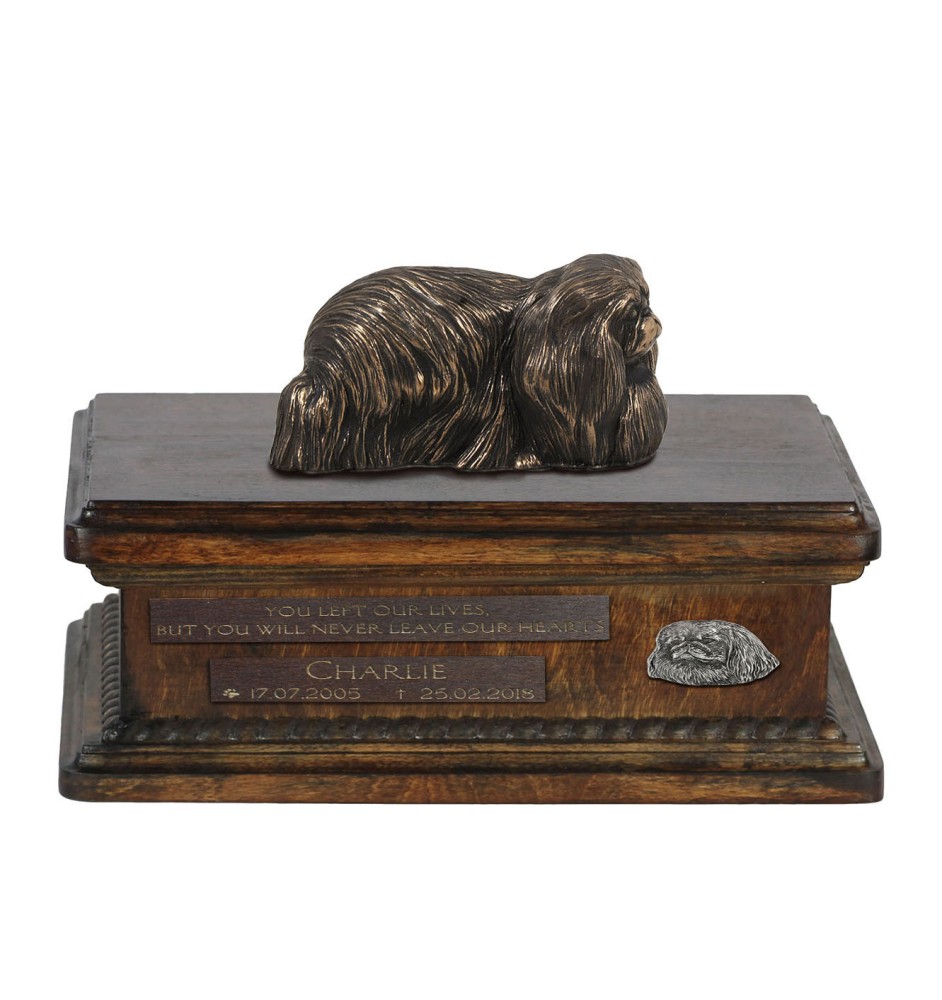 Pekingese, Pekinese, Peking-Palasthund urne in Hundeasche, personalisierte Urne mit Statue, Holzurne mit Hund von Art-Dog