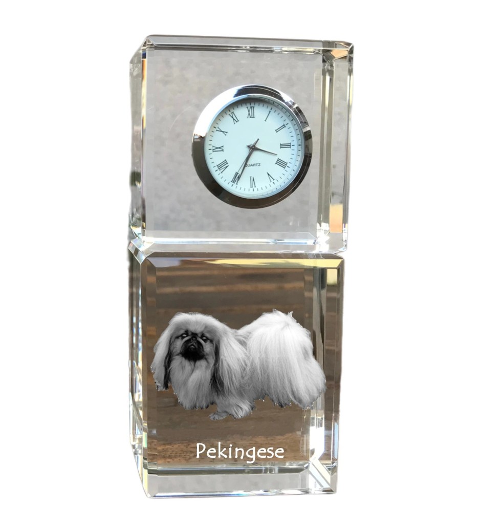 Pekingese, Pekinese, Peking-Palasthund - Kristalluhr mit Foto, Hundebild im Kristall, personalisierte Schreibtischuhr von Art-Dog.