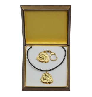 Pekingese, Pekinese, Peking-Palasthund - Schlüsselanhänger und Halskette mit Hund in einer Box, vergoldetes Produkt von hoher Qualität, Marke Art-Dog
