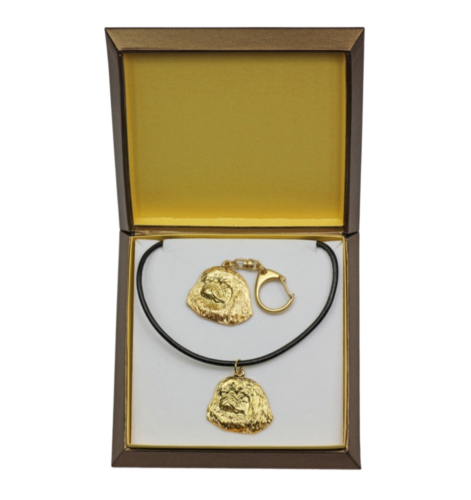 Pékinois - porte-clés et collier avec chien dans une boîte, produit plaqué or de haute qualité, marque Art-Dog