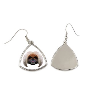 Pékinois - boucles d'oreilles avec une photo et un motif de chien géométrique Art-Dog