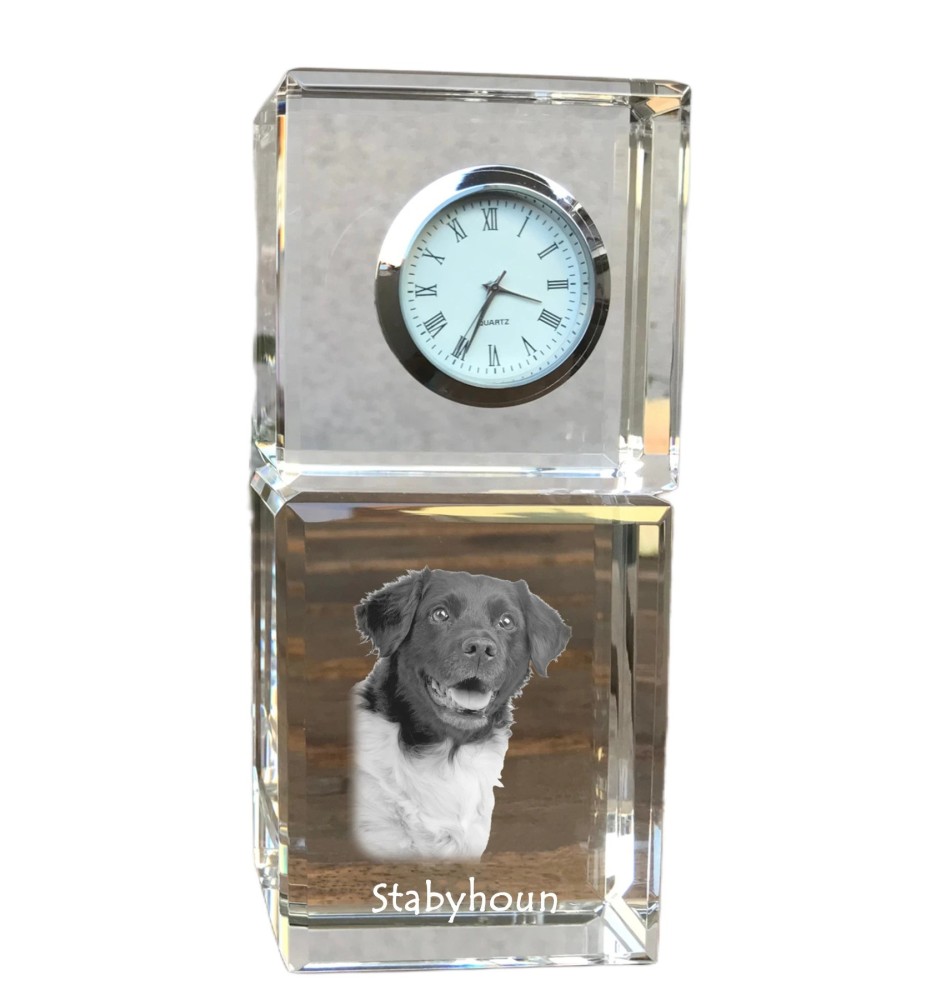 Stabyhoun,  Friesischer Vorstehhund, Stabijhoun - Kristalluhr mit Foto, Hundebild im Kristall, personalisierte Schreibtischuhr von Art-Dog.