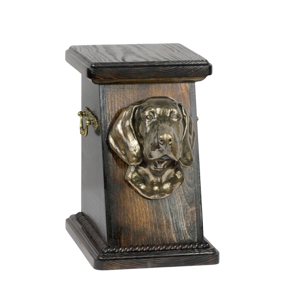 Weimaraner, Weimaraner Vorstehhund eine Ascheurne für Hunde, eine elegante Urne mit einer Statue, eine Gedenkurne mit dem Porträt eines Hundes von der Marke Art-Dog