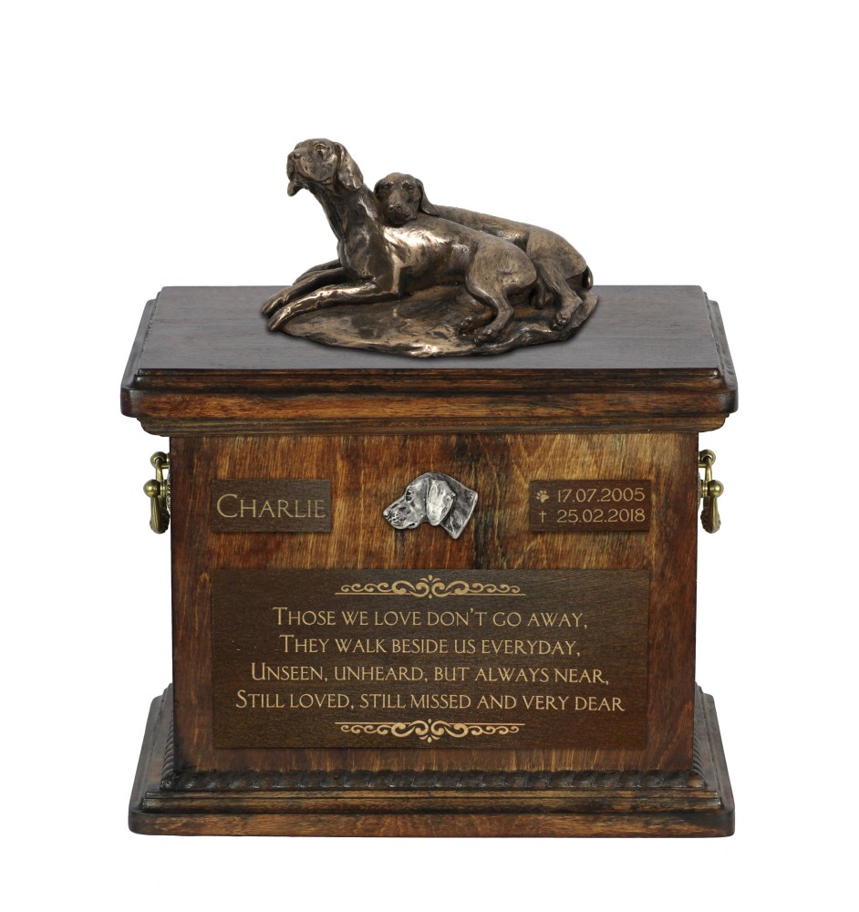 Weimaraner, Weimaraner Vorstehhund - Eine Urne für die Asche eines Hundes, eine Urne mit einer Statue, eine personalisierte Hundeurne von der Marke Art-Dog.