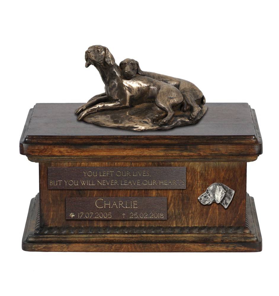 Weimaraner, Grey Ghost - urn for dog ashes, personalized urn with a statue, wooden urn with a dog by Art-Dog brand