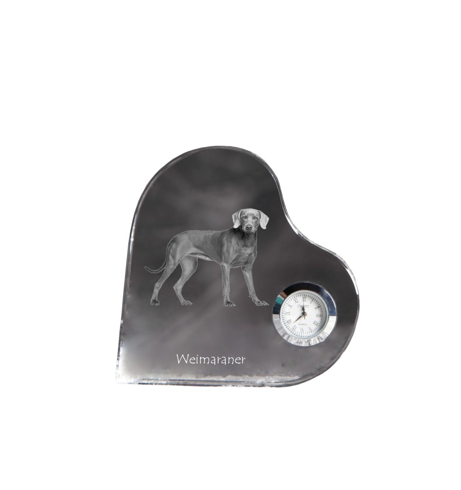 Weimaraner, Grey Ghost - crystal clock with a dog picture, heart-shaped shelf clock, personalized standing clock by Art-Dog brand
