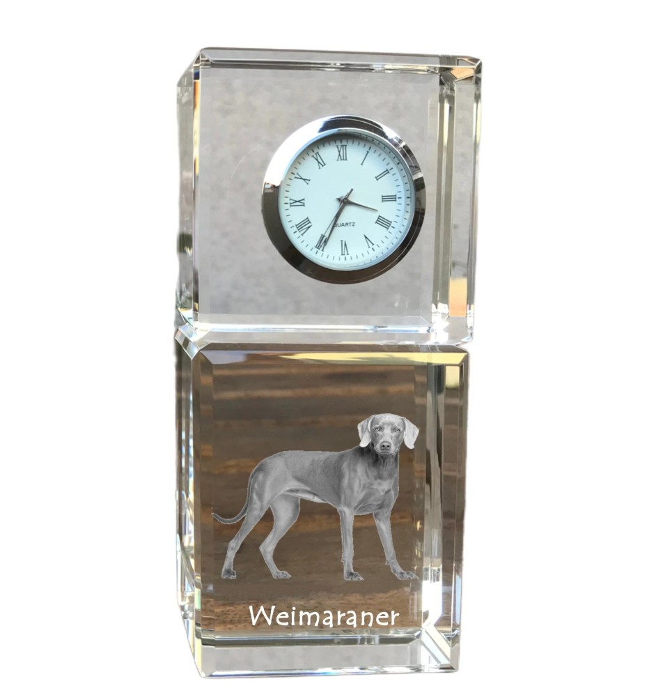 Weimaraner, Grey Ghost - crystal clock with a photo, a photo of a dog in crystal, personalized desk clock by Art-Dog brand