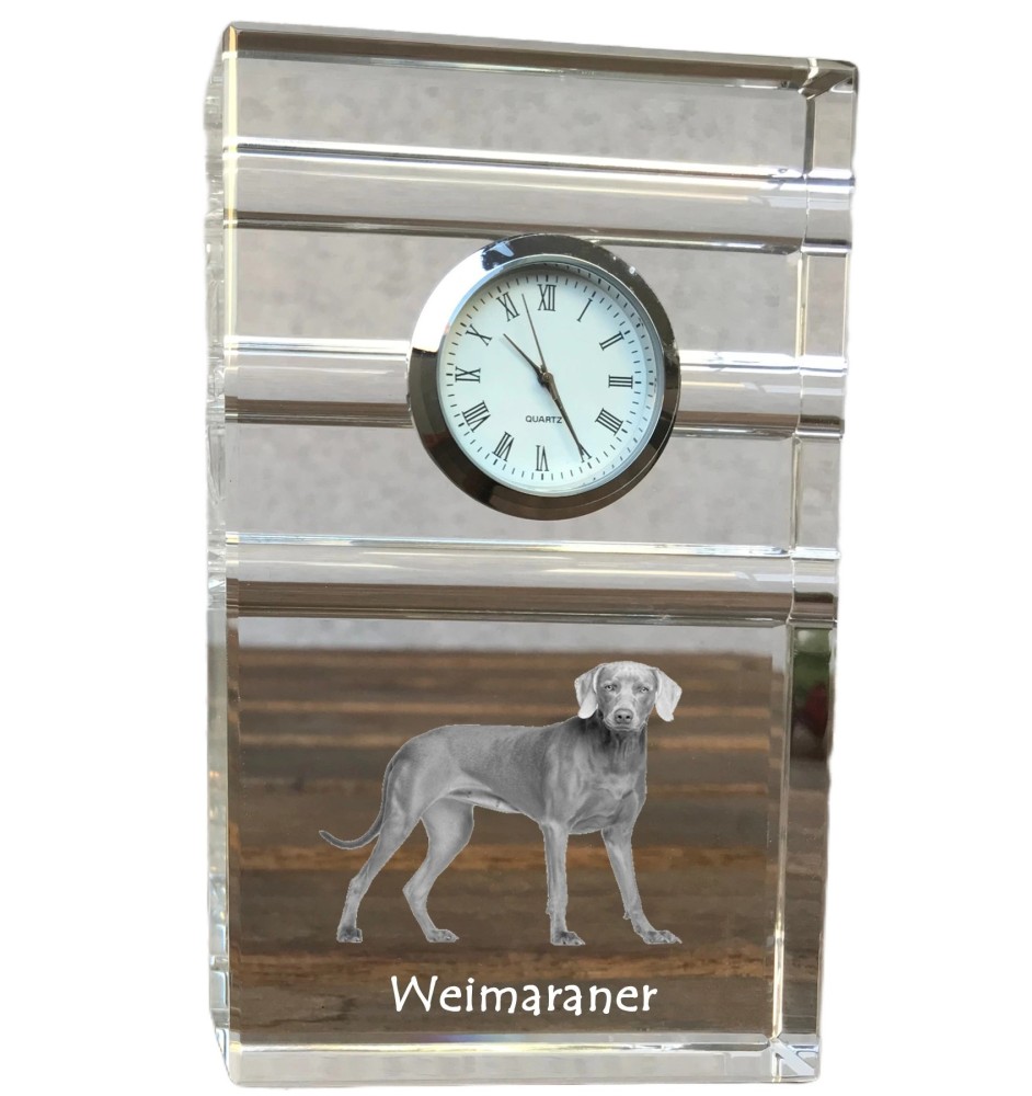 Weimaraner, Grey Ghost - glass clock with a photo, photo of a dog in crystal, personalized standing office clock by Art-Dog brand