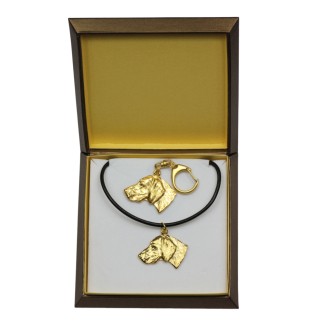 Braque de Weimar, Weimaraner - porte-clés et collier avec chien dans une boîte, produit plaqué or de haute qualité, marque Art-Dog