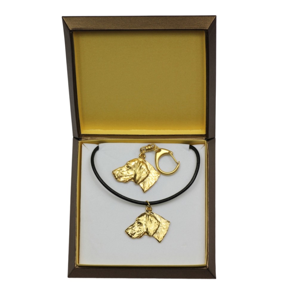 Braque de Weimar, Weimaraner - porte-clés et collier avec chien dans une boîte, produit plaqué or de haute qualité, marque Art-Dog