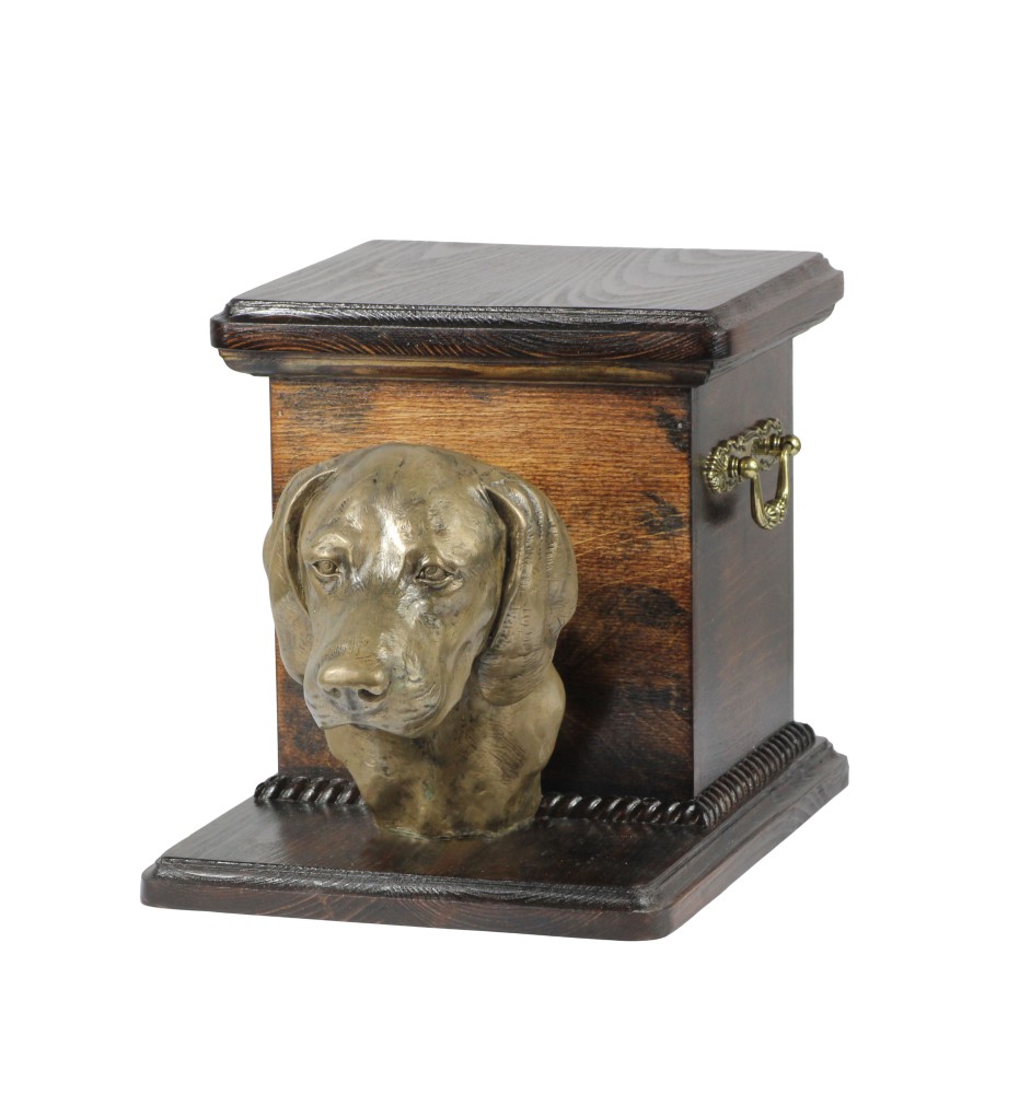Weimaraner, Weimaraner Vorstehhund - Eine Urne für die Asche eines Hundes mit einer Statuette, eine elegante Urne für einen Hund, eine außergewöhnliche Urne mit dem Porträt eines Hundes von der Marke