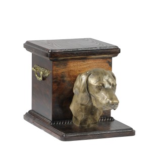 Weimaraner, Weimaraner Vorstehhund - Eine Urne für die Asche eines Hundes mit einer Statuette, eine elegante Urne für einen Hund, eine außergewöhnliche Urne mit dem Porträt eines Hundes von der Marke