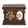 Urn for dog’s ashes with ceramic plate and description